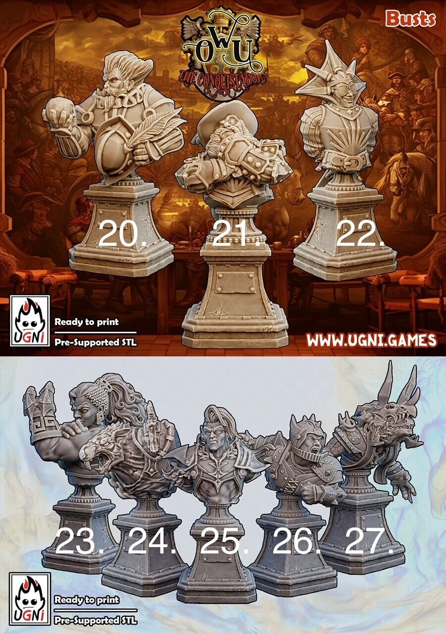 3D Printed custom paintable Fantasy figure bust chess pieces (32 models) - Ugni