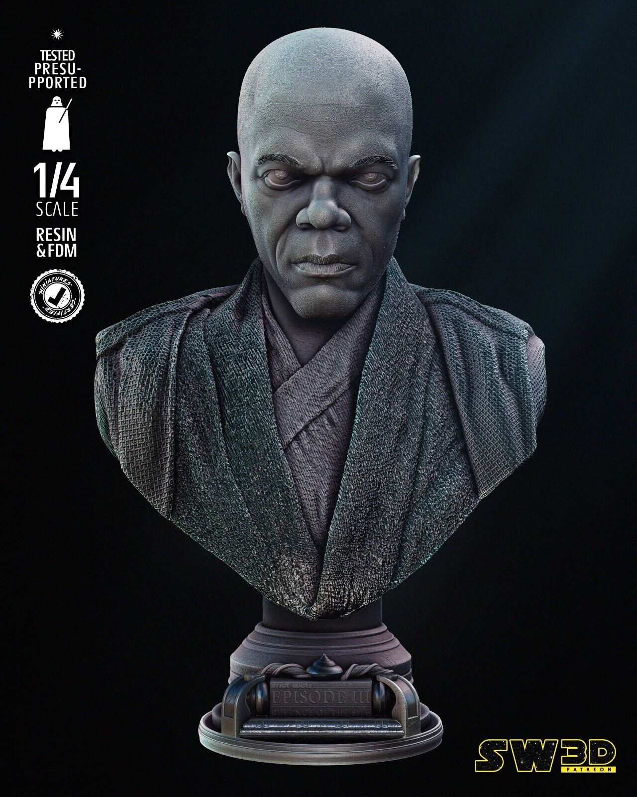 Mace Windu (Ep3) portrait Star Wars themed 3D Bust / Sculpture by SW3D